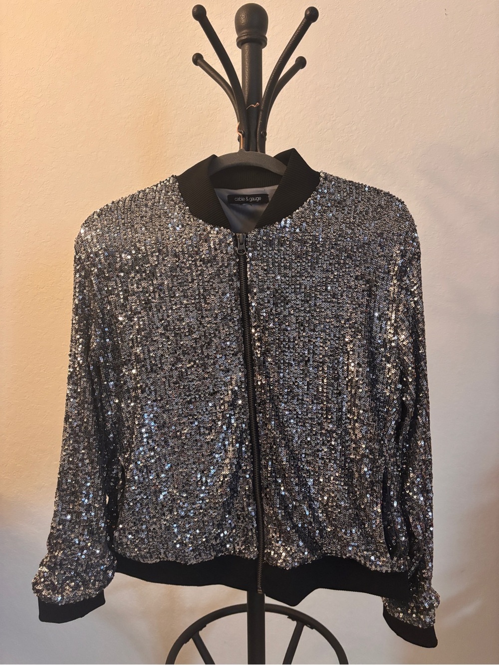 Cable & Gauge Silver Sequin Bomber Jacket